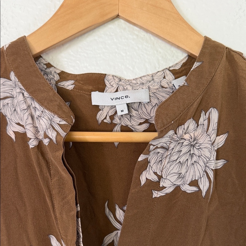Vince silk Brown Floral Cap-Sleeve Blouse medium - Picture 4 of 5
